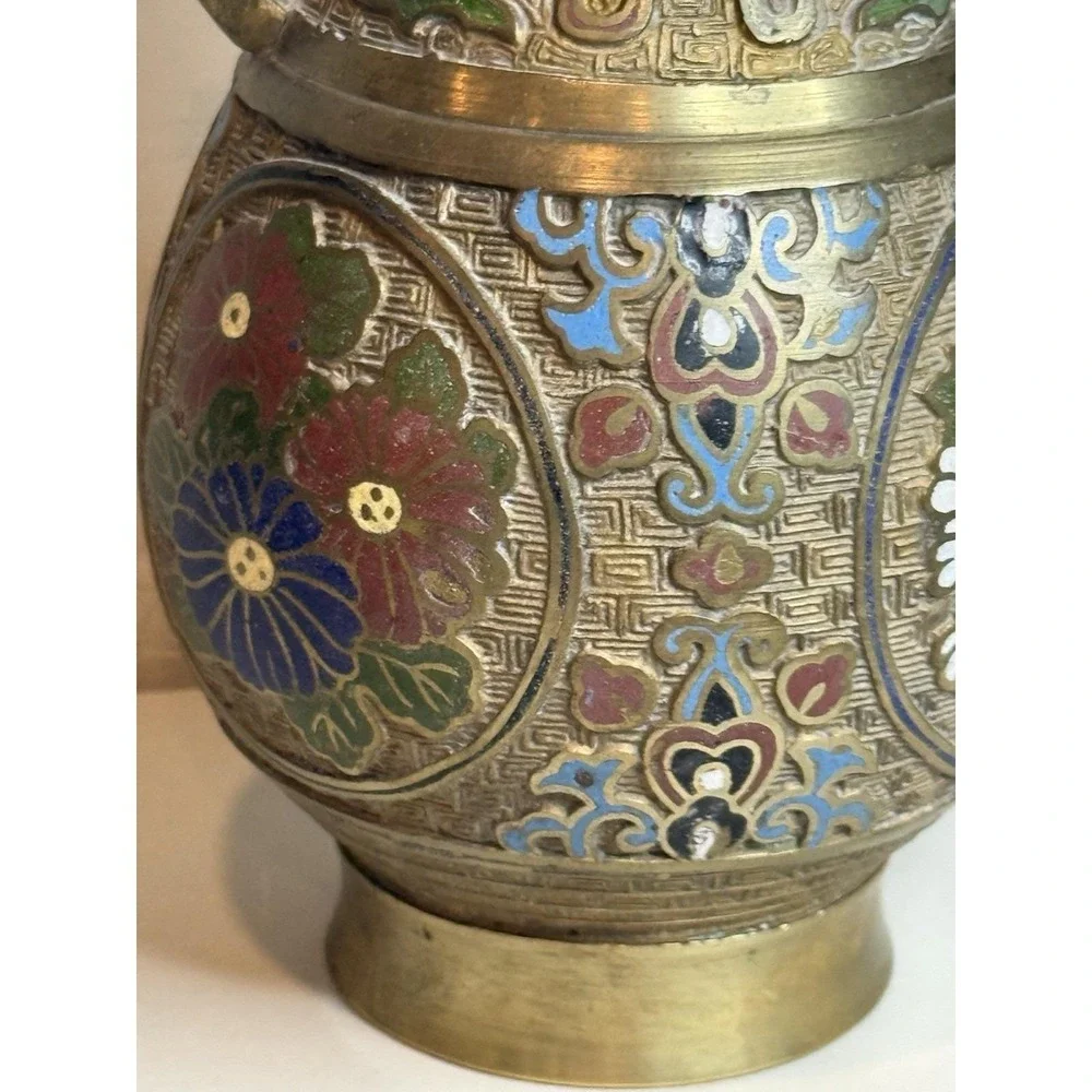 Vintage Japanese Champleve Enamel Brass Bronze Vase Urn Dragon Handle Antique